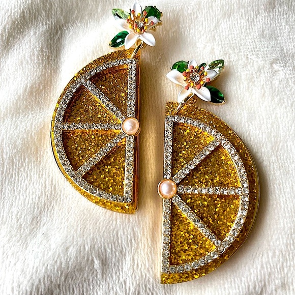 Gold & Yellow Citrus Slice Statement Earrings with Floral Detail - Picture 6 of 6